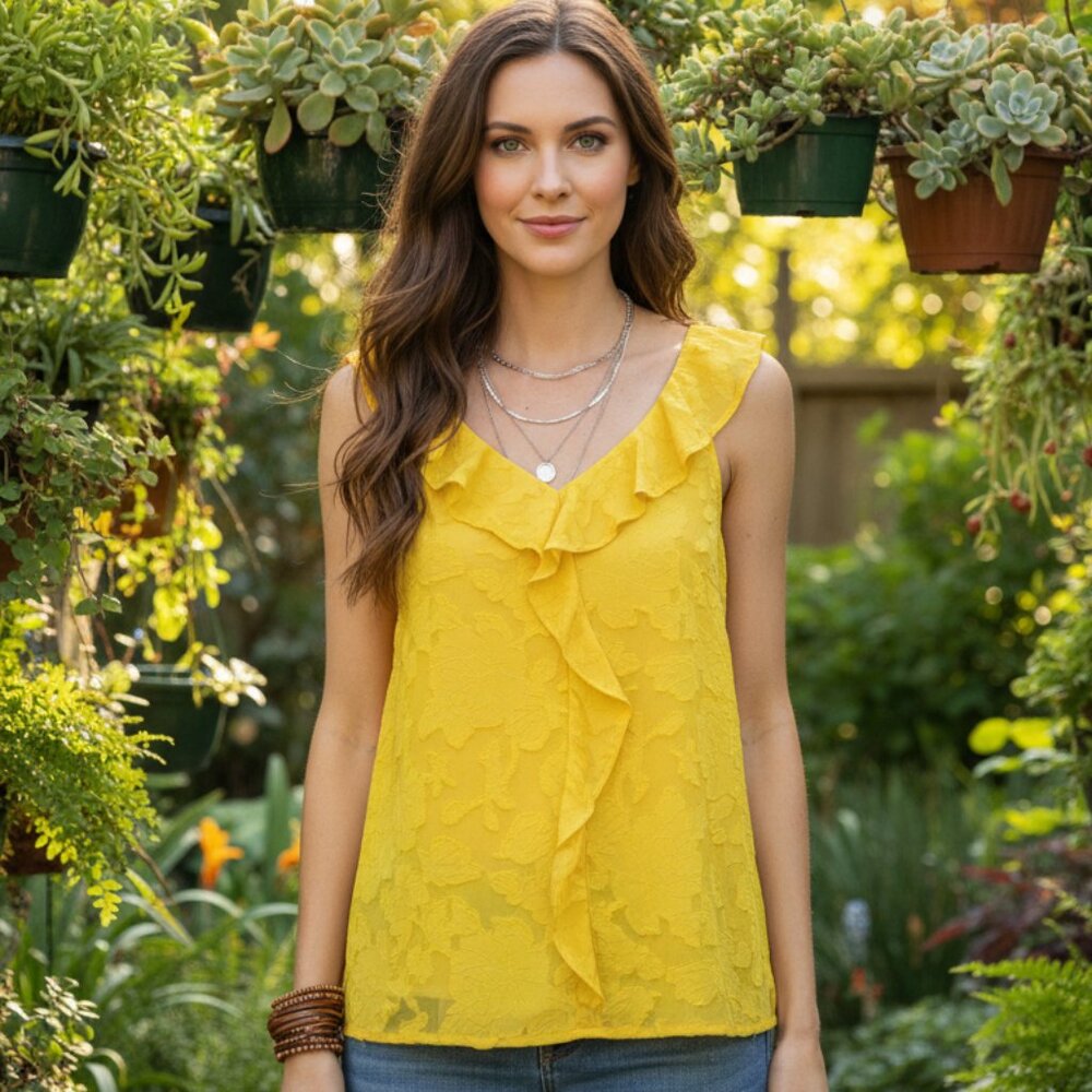 NEW Apt 9‎ Yellow XXL Jacquard Ruffle Tank Top Canary Womens Boho Coquette Chic